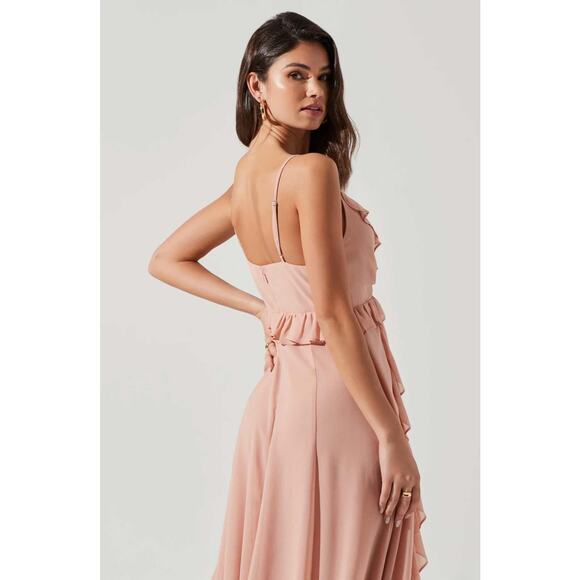 ASTR The Label Adoria Ruffle Side Slit Maxi Dress in Nude Peach Sz M